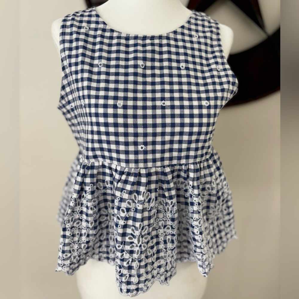 ONLY Navy and White Gingham Eyelet Peplum With Open Back Girlcore  Top Sz Small